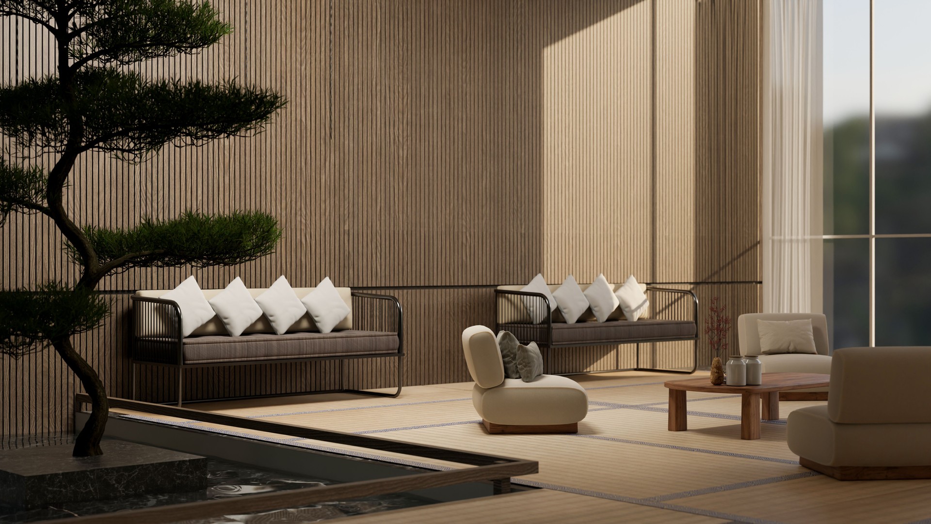 Luxury contemporary zen Japanese hotel lounge with couch, large bonsai tree, wood plank wall